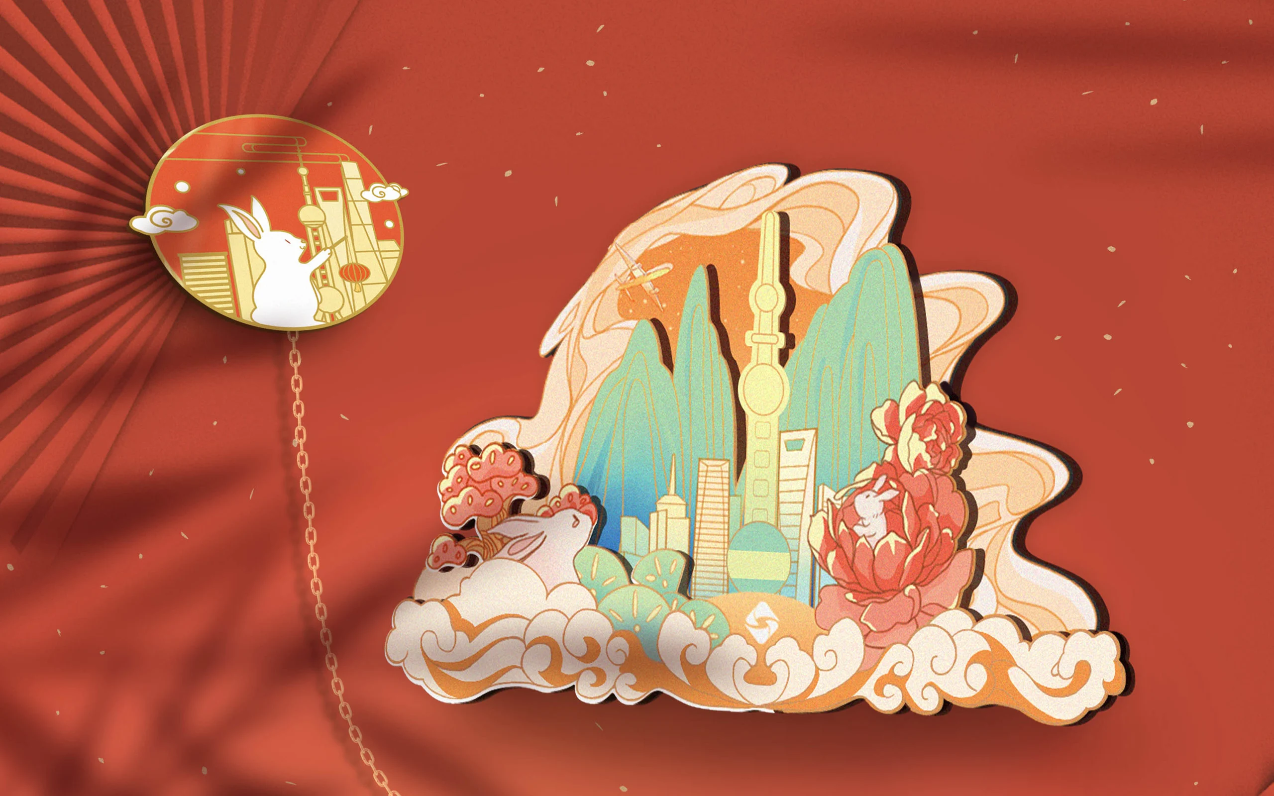 城市天际线与传统纹样组合的新春立体装饰
