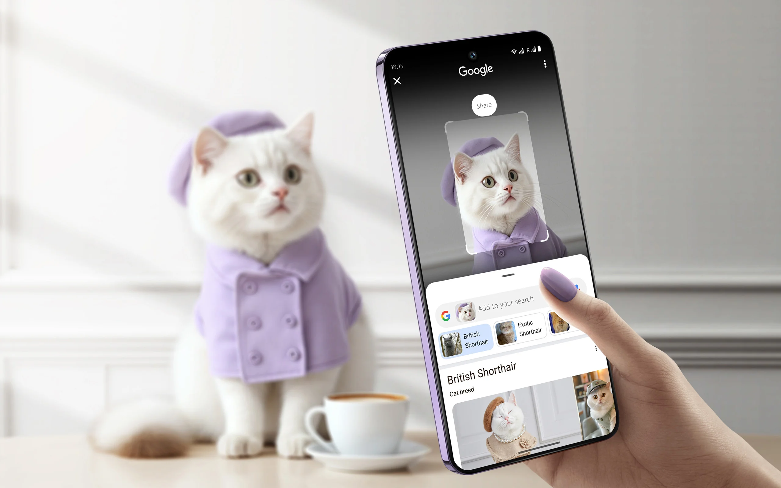 猫咪与手机屏幕搜索功能展示的产品视觉